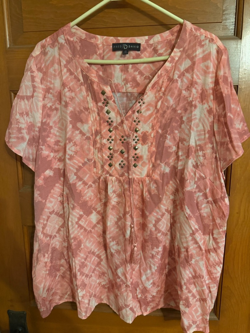 Fred David Coral Pink Tie-Dye V-Neck Tunic with Stud Embellishments